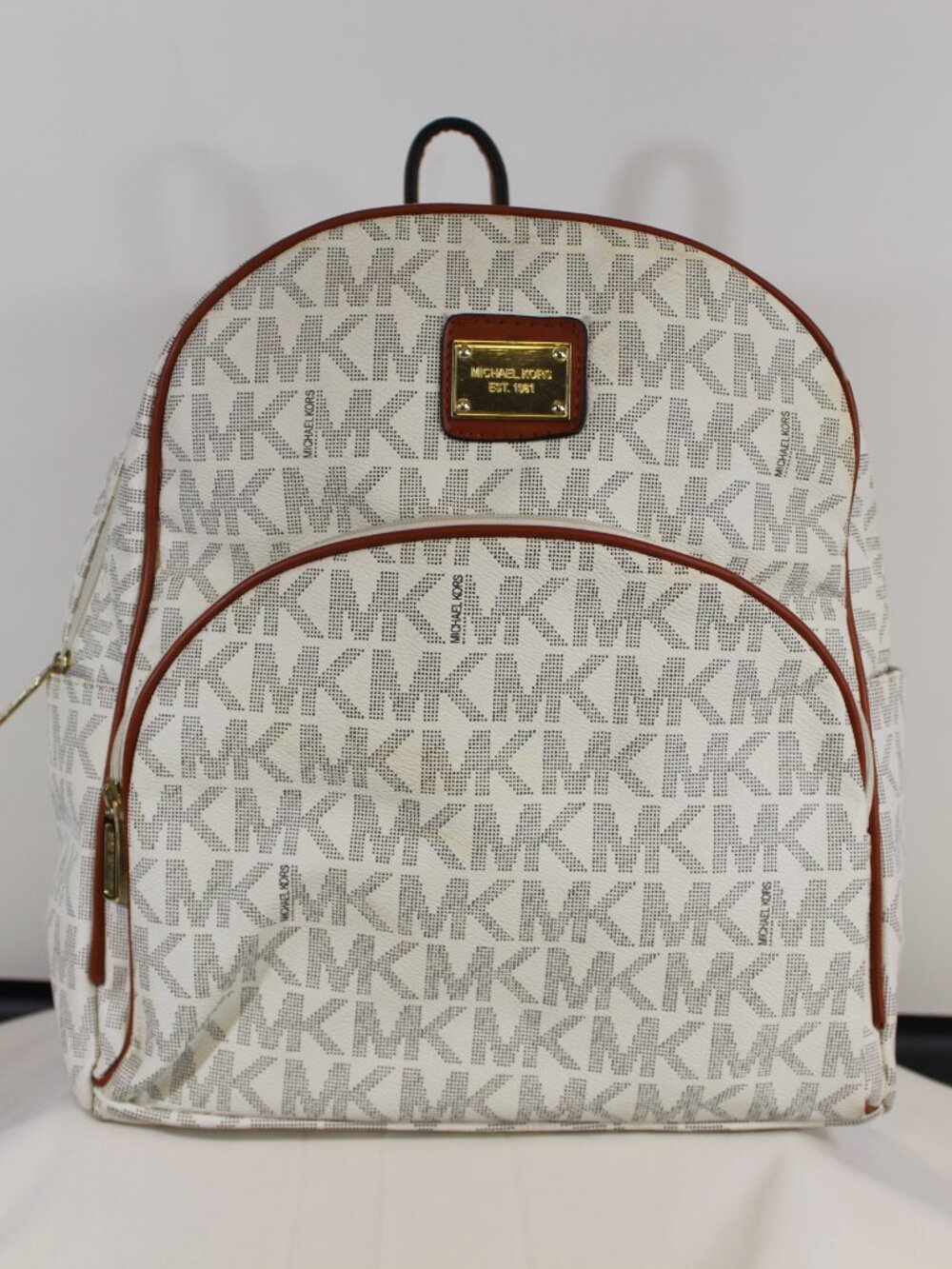 MICHAEL KORS MK LOGO BACKPACK VANILLA PVC BROWN TRIM LARGE TRAVEL
